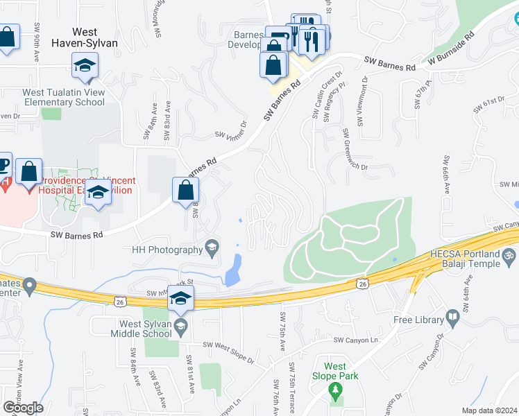 map of restaurants, bars, coffee shops, grocery stores, and more near 7534 Southwest Barnes Road in Portland