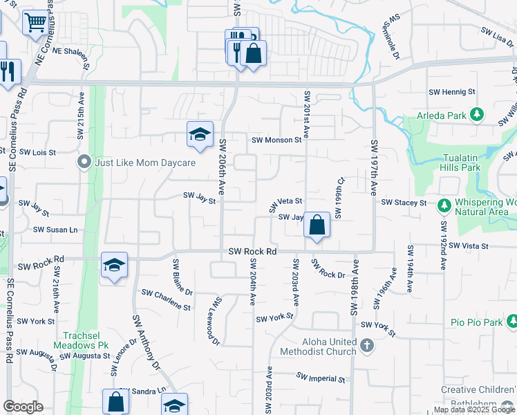 map of restaurants, bars, coffee shops, grocery stores, and more near 20295 Southwest Veta Street in Aloha