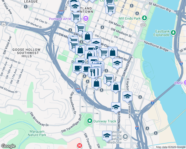 map of restaurants, bars, coffee shops, grocery stores, and more near 1881 Southwest 5th Avenue in Portland