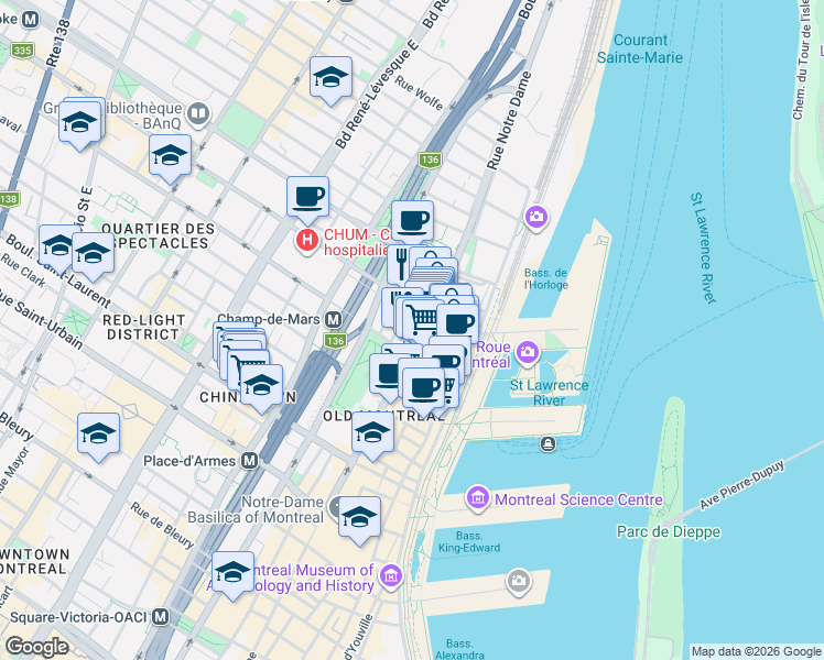 map of restaurants, bars, coffee shops, grocery stores, and more near 329 Rue Notre-Dame Est in Montréal