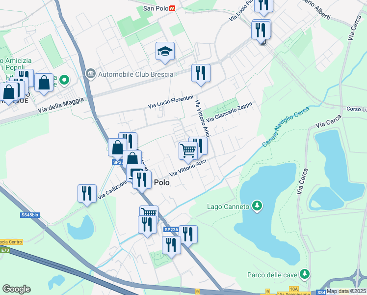 map of restaurants, bars, coffee shops, grocery stores, and more near 1 Via Revere in Brescia