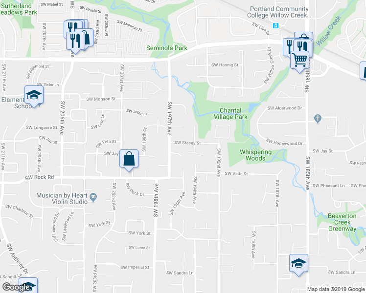 map of restaurants, bars, coffee shops, grocery stores, and more near 19568 Southwest Stacey Street in Beaverton