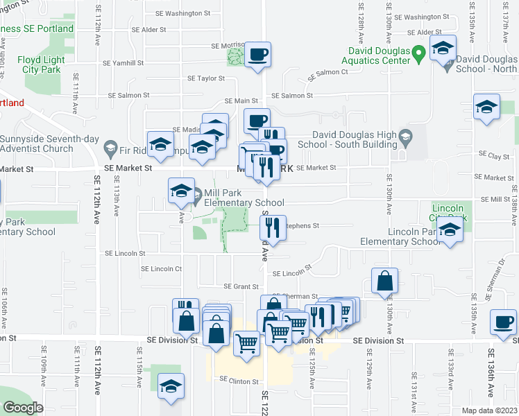 map of restaurants, bars, coffee shops, grocery stores, and more near 1901 Southeast 122nd Avenue in Portland