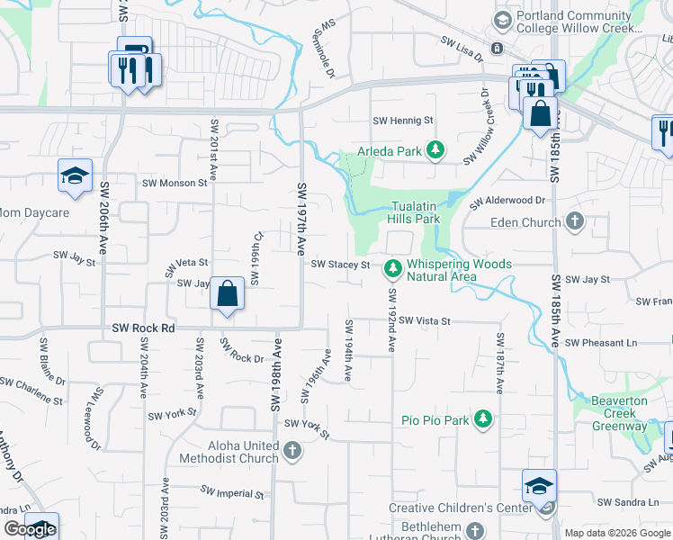 map of restaurants, bars, coffee shops, grocery stores, and more near 19568 Southwest Stacey Street in Beaverton