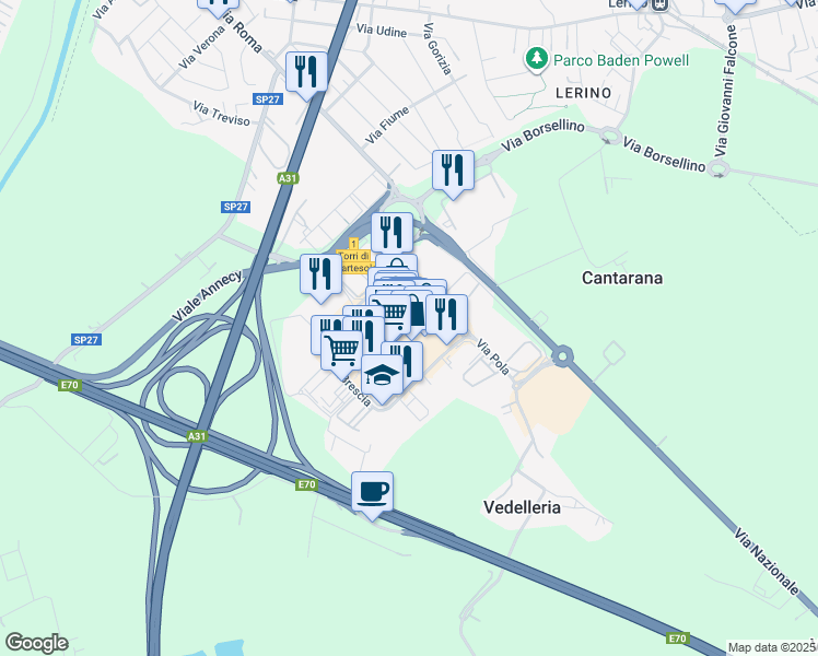 map of restaurants, bars, coffee shops, grocery stores, and more near 20 Via Pola in Torri di Quartesolo