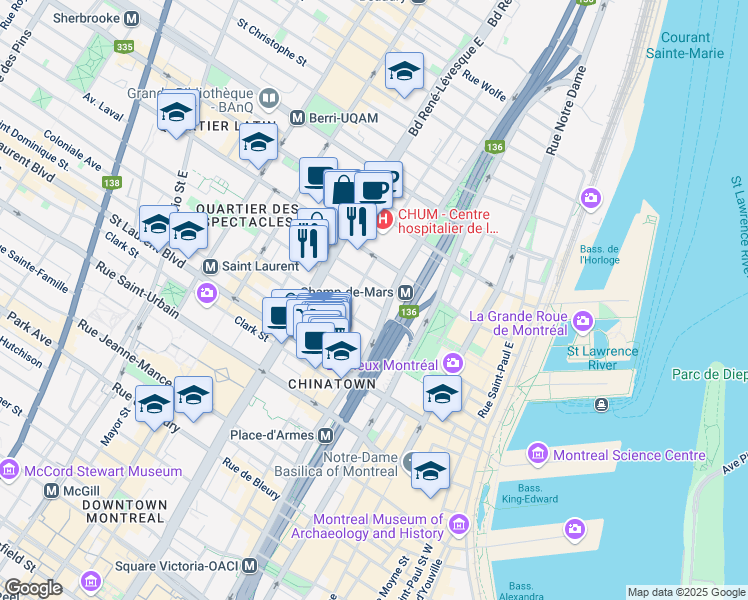 map of restaurants, bars, coffee shops, grocery stores, and more near 981 Avenue de l'Hôtel-de-Ville in Montréal