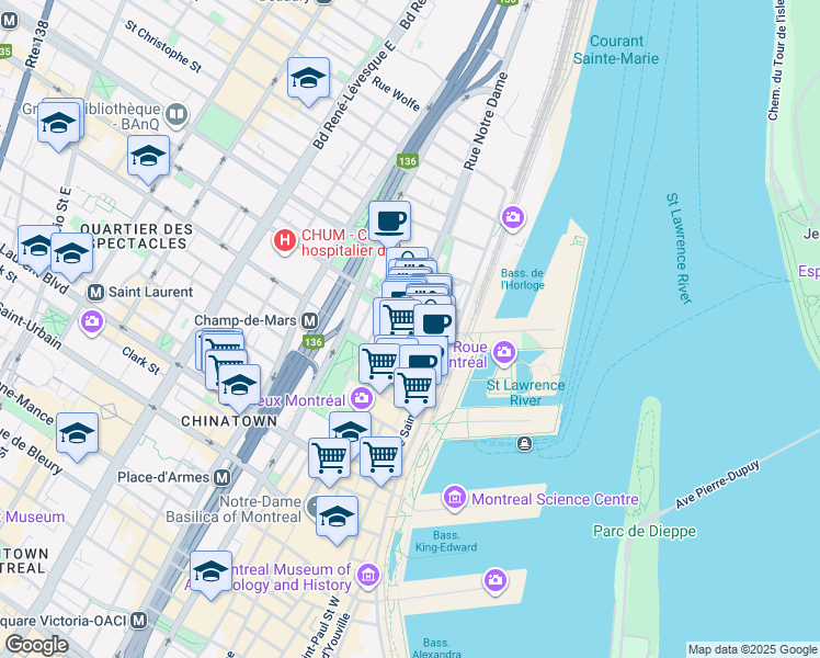 map of restaurants, bars, coffee shops, grocery stores, and more near 350 Rue Notre-Dame Est in Montréal