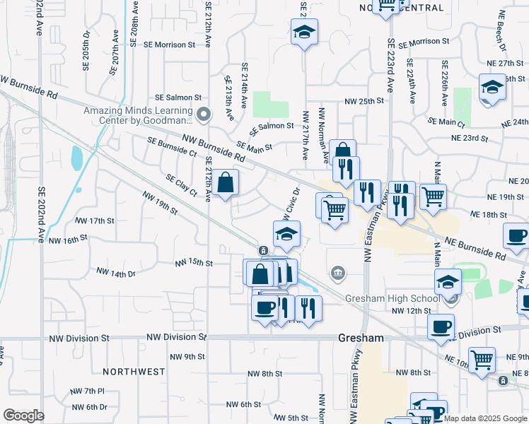 map of restaurants, bars, coffee shops, grocery stores, and more near 1699 Northwest Civic Drive in Gresham