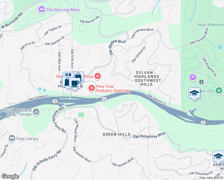 map of restaurants, bars, coffee shops, grocery stores, and more near 1812 Southwest Parkview Court in Portland