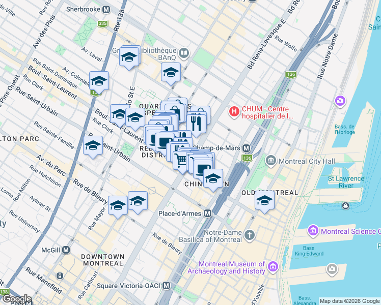 map of restaurants, bars, coffee shops, grocery stores, and more near 65 Boulevard René-Lévesque Est in Montréal
