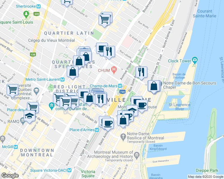 map of restaurants, bars, coffee shops, grocery stores, and more near 981 Avenue de l'Hôtel-de-Ville in Montréal