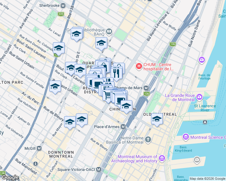 map of restaurants, bars, coffee shops, grocery stores, and more near 65 Boulevard René-Lévesque Est in Montréal