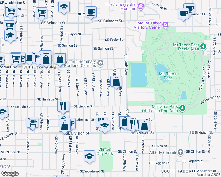 map of restaurants, bars, coffee shops, grocery stores, and more near 1814 Southeast 57th Avenue in Portland