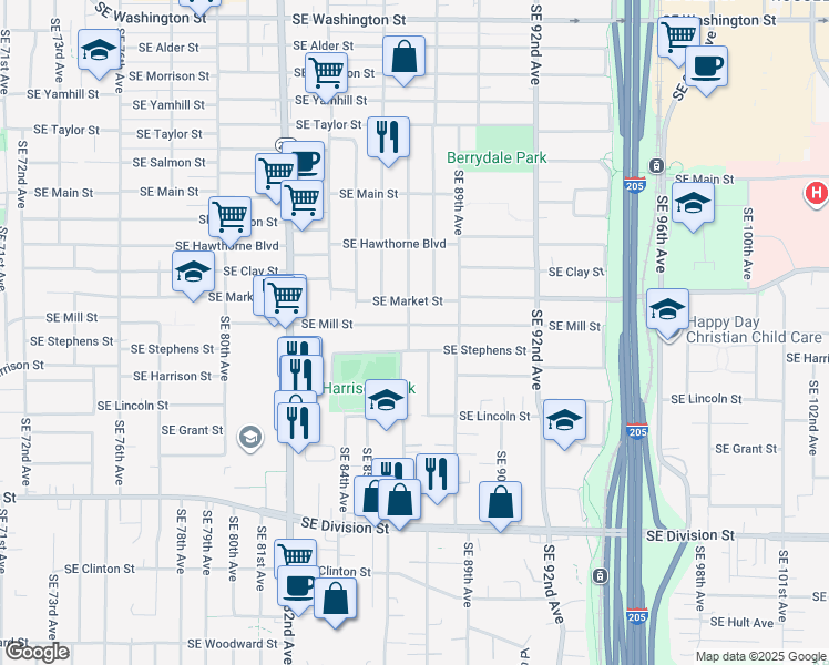 map of restaurants, bars, coffee shops, grocery stores, and more near 8706 Southeast Mill Street in Portland