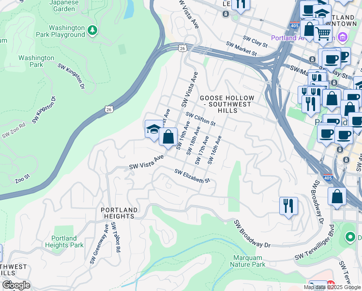 map of restaurants, bars, coffee shops, grocery stores, and more near 1808 Southwest Laurel Street in Portland