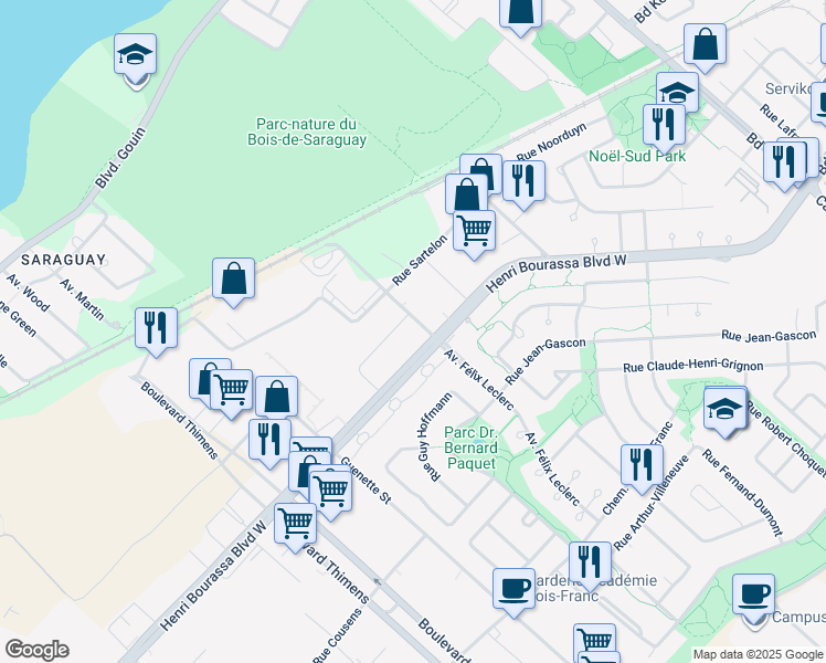 map of restaurants, bars, coffee shops, grocery stores, and more near 7007 Boulevard Henri-Bourassa Ouest in Montréal