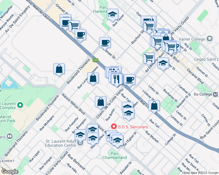 map of restaurants, bars, coffee shops, grocery stores, and more near 1107 Rue Saint Aubin in Montréal