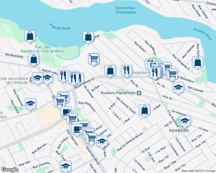 map of restaurants, bars, coffee shops, grocery stores, and more near 9 5e Avenue Sud in Montréal