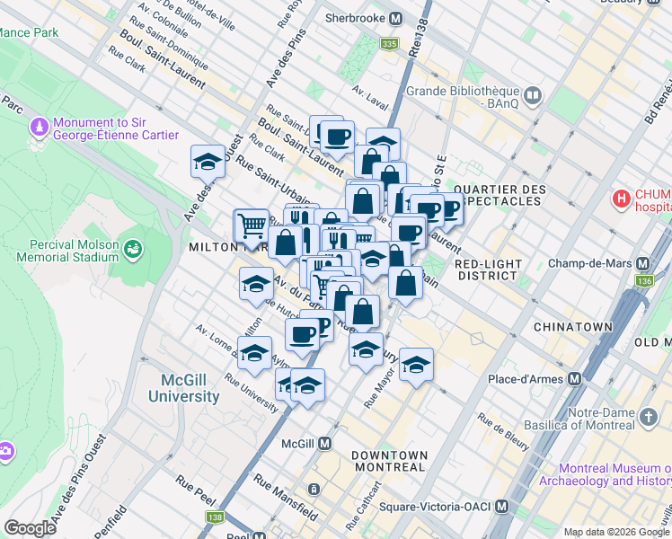 map of restaurants, bars, coffee shops, grocery stores, and more near 235 Rue Sherbrooke Ouest in Montréal