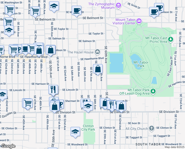 map of restaurants, bars, coffee shops, grocery stores, and more near 1814 Southeast 57th Avenue in Portland