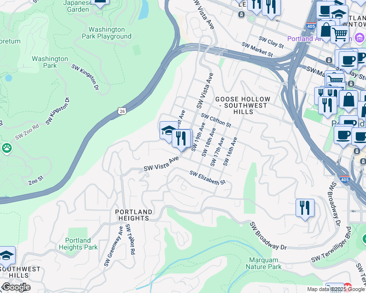 map of restaurants, bars, coffee shops, grocery stores, and more near 2425 Southwest Vista Avenue in Portland