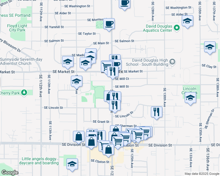 map of restaurants, bars, coffee shops, grocery stores, and more near 1843 Southeast 122nd Avenue in Portland