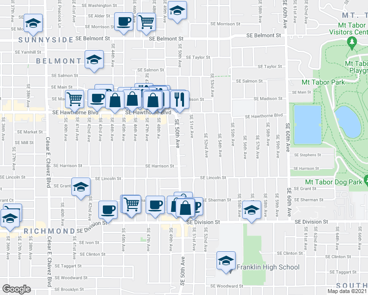 map of restaurants, bars, coffee shops, grocery stores, and more near 1815 Southeast 50th Avenue in Portland