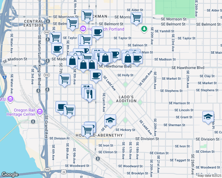 map of restaurants, bars, coffee shops, grocery stores, and more near 1321 Southeast Palm Street in Portland