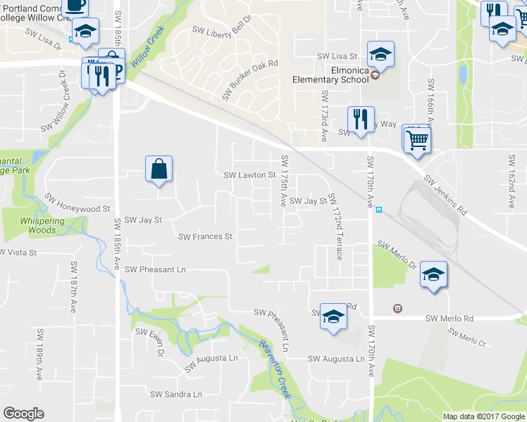 map of restaurants, bars, coffee shops, grocery stores, and more near 17686 Southwest Jay Street in Beaverton