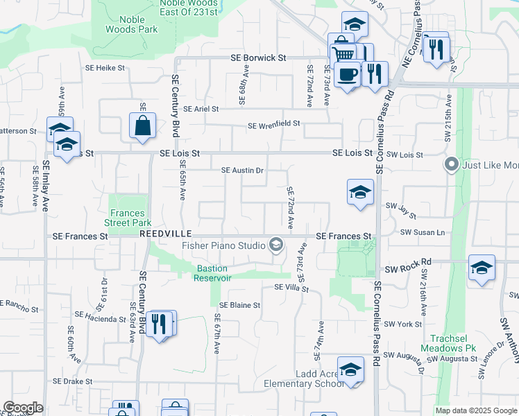 map of restaurants, bars, coffee shops, grocery stores, and more near 6858 Southeast Langwood Street in Hillsboro
