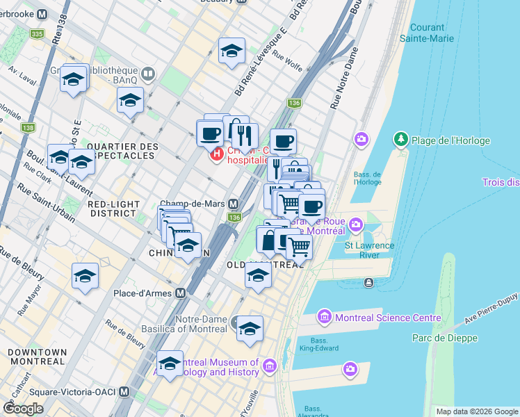 map of restaurants, bars, coffee shops, grocery stores, and more near 777 Rue Gosford in Montrã©Al