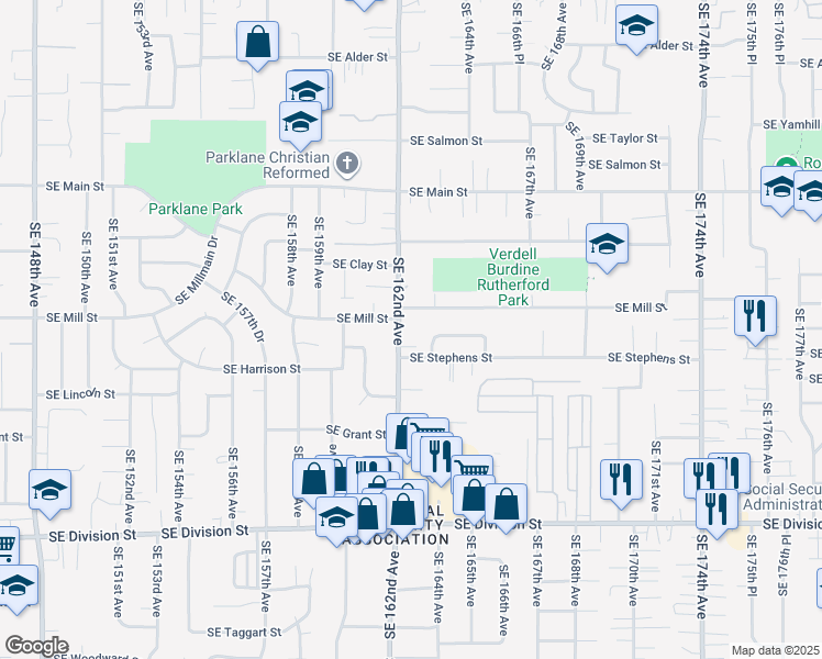 map of restaurants, bars, coffee shops, grocery stores, and more near 1820 Southeast 162nd Avenue in Portland