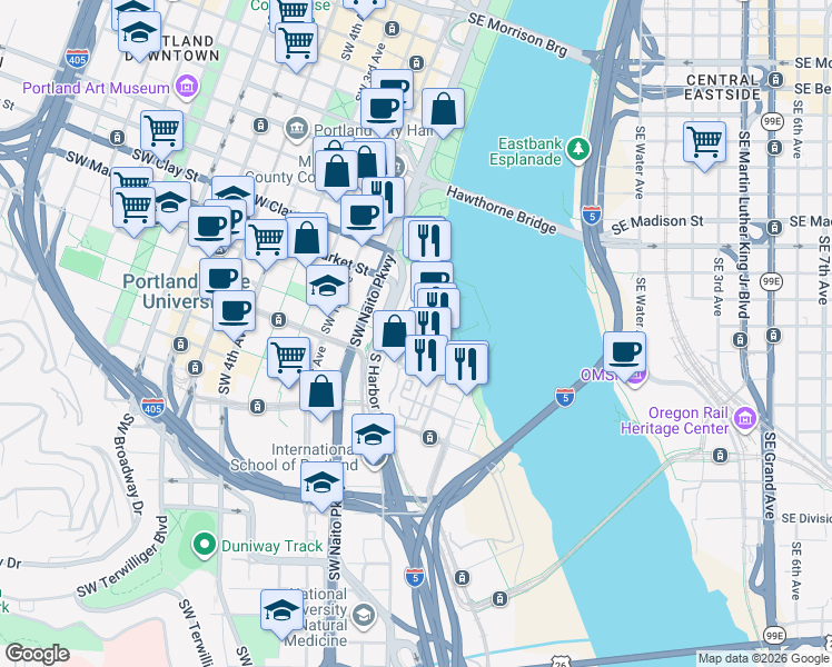 map of restaurants, bars, coffee shops, grocery stores, and more near 1750 South Harbor Drive in Portland