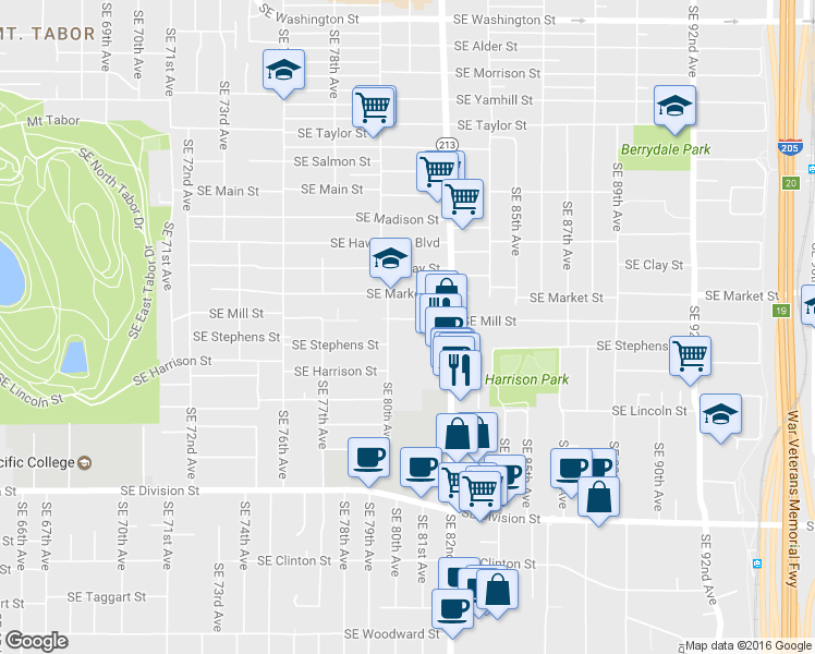 map of restaurants, bars, coffee shops, grocery stores, and more near 8036 Southeast Mill Street in Portland