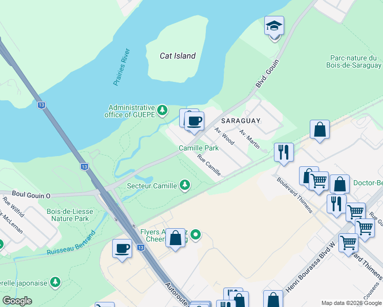 map of restaurants, bars, coffee shops, grocery stores, and more near 12280 Rue Camille in Montréal