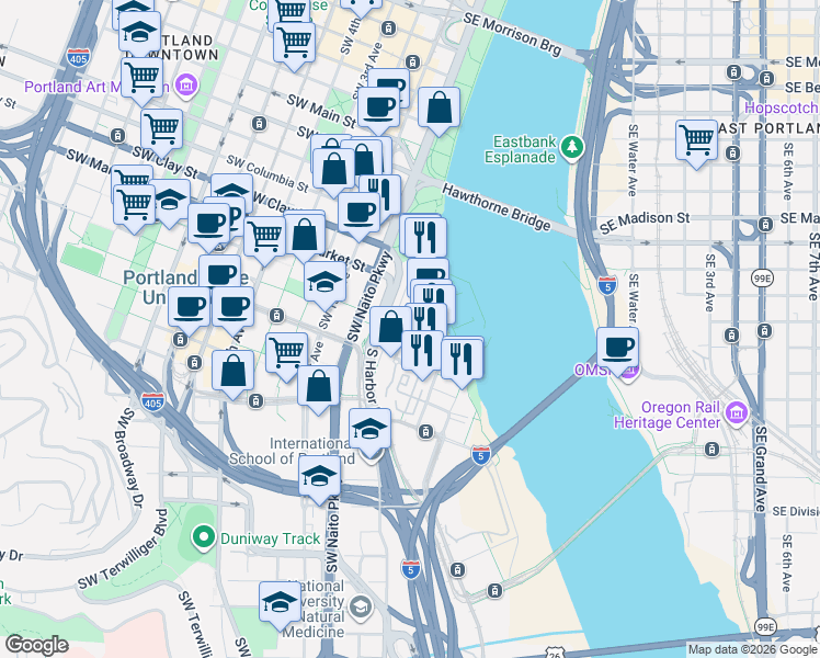 map of restaurants, bars, coffee shops, grocery stores, and more near 1750 South Harbor Drive in Portland