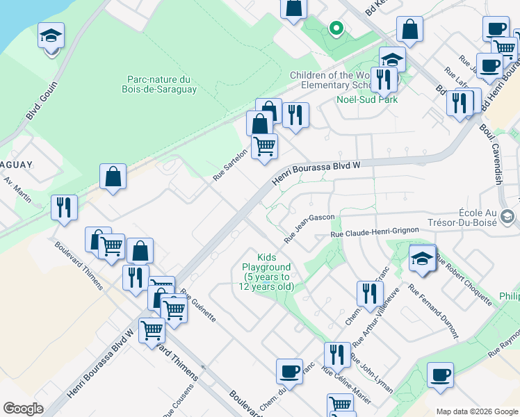 map of restaurants, bars, coffee shops, grocery stores, and more near 6850 Boulevard Henri-Bourassa Ouest in Montréal