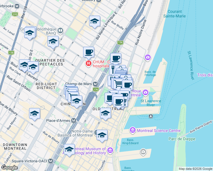 map of restaurants, bars, coffee shops, grocery stores, and more near 777 Rue Gosford in Montréal