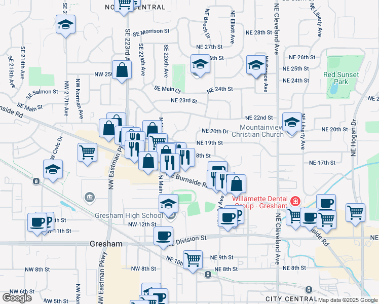 map of restaurants, bars, coffee shops, grocery stores, and more near 235 Northeast 18th Street in Gresham