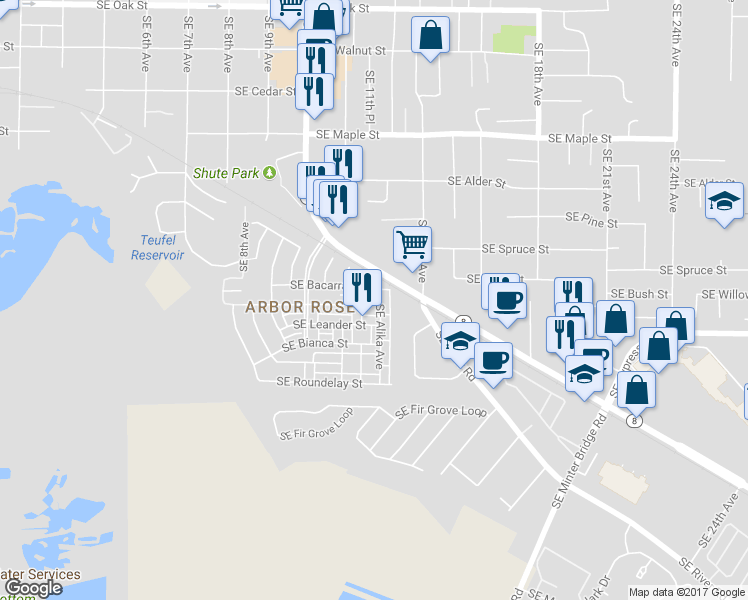 map of restaurants, bars, coffee shops, grocery stores, and more near 1035 Southeast Alika Avenue in Hillsboro