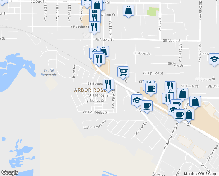 map of restaurants, bars, coffee shops, grocery stores, and more near 1038 Southeast Nazomi Avenue in Hillsboro