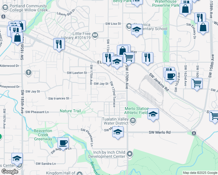 map of restaurants, bars, coffee shops, grocery stores, and more near 1365 Southwest 170th Avenue in Beaverton