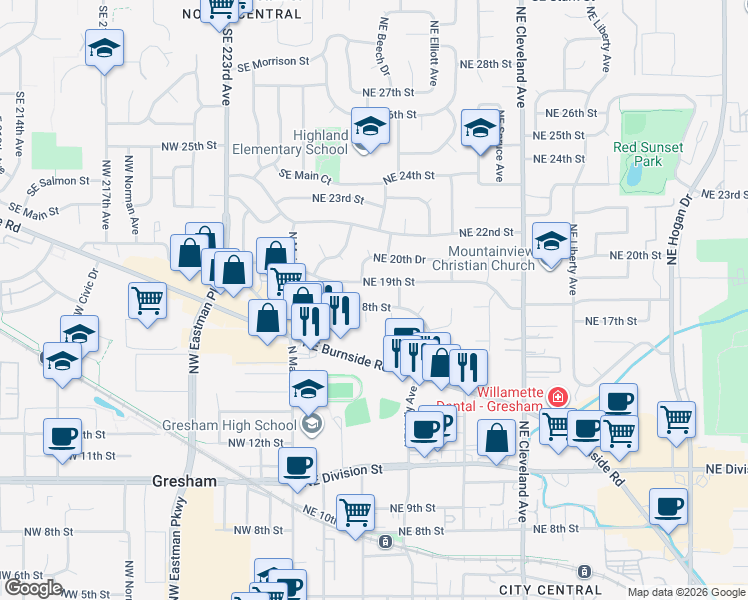 map of restaurants, bars, coffee shops, grocery stores, and more near 349 Northeast 18th Street in Gresham
