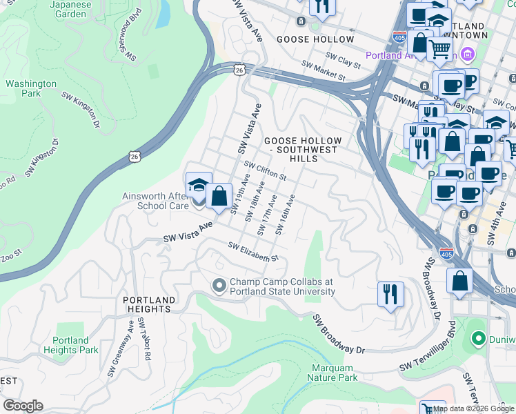 map of restaurants, bars, coffee shops, grocery stores, and more near 1808 Southwest Laurel Street in Portland