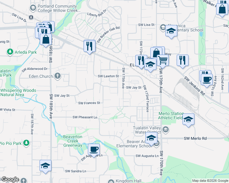 map of restaurants, bars, coffee shops, grocery stores, and more near 17686 Southwest Jay Street in Beaverton