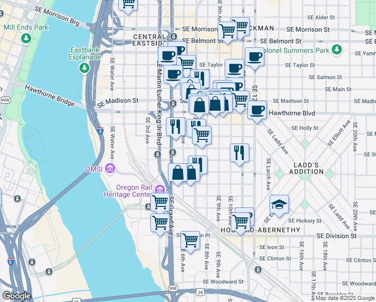 map of restaurants, bars, coffee shops, grocery stores, and more near 616 Southeast Mill Street in Portland