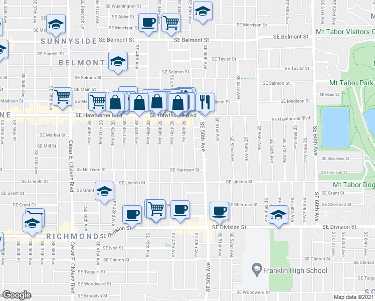 map of restaurants, bars, coffee shops, grocery stores, and more near 1802 Southeast 48th Avenue in Portland
