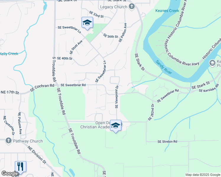 map of restaurants, bars, coffee shops, grocery stores, and more near 1073 Southeast Walter Circle in Troutdale