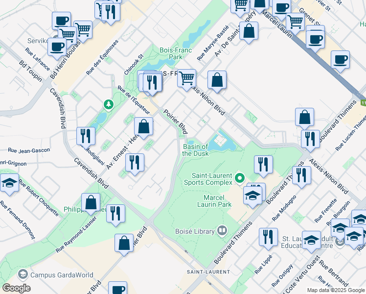 map of restaurants, bars, coffee shops, grocery stores, and more near 2700 Boulevard Poirier in Montréal