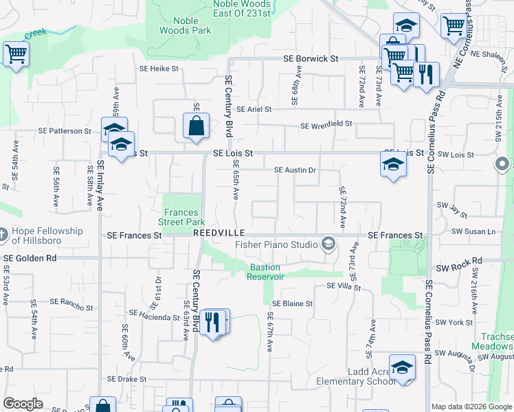 map of restaurants, bars, coffee shops, grocery stores, and more near 6612 Southeast Gladys Street in Hillsboro